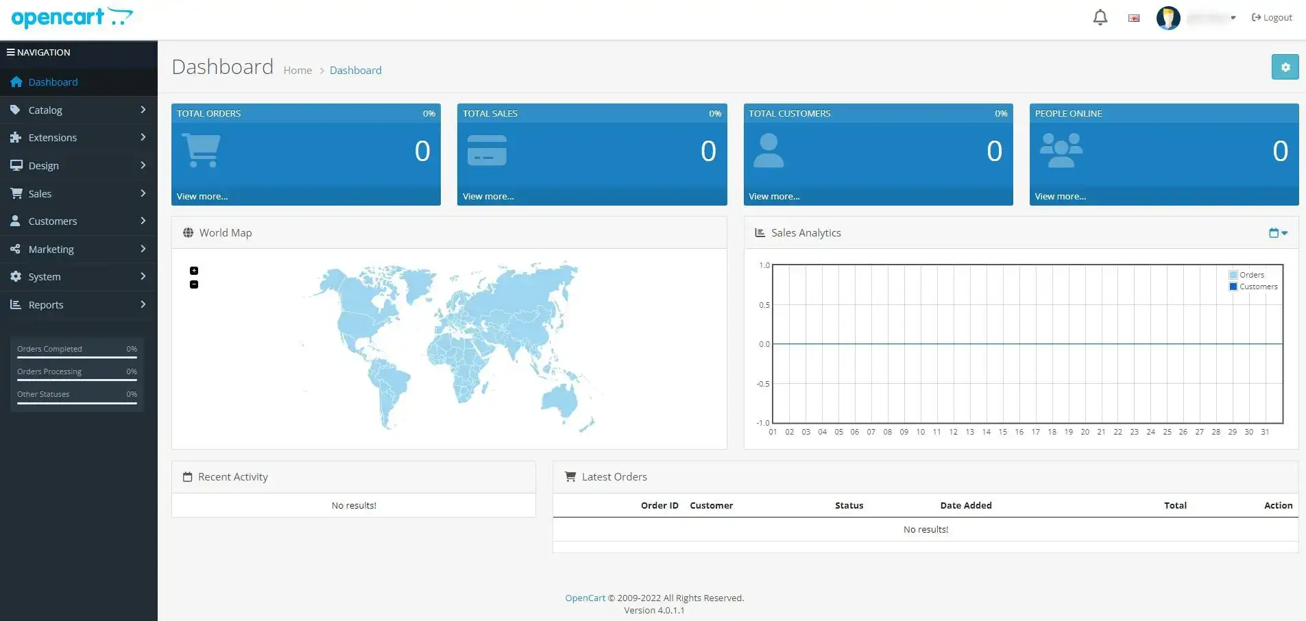 Generic OpenCart CMS Admin Dashboard UI